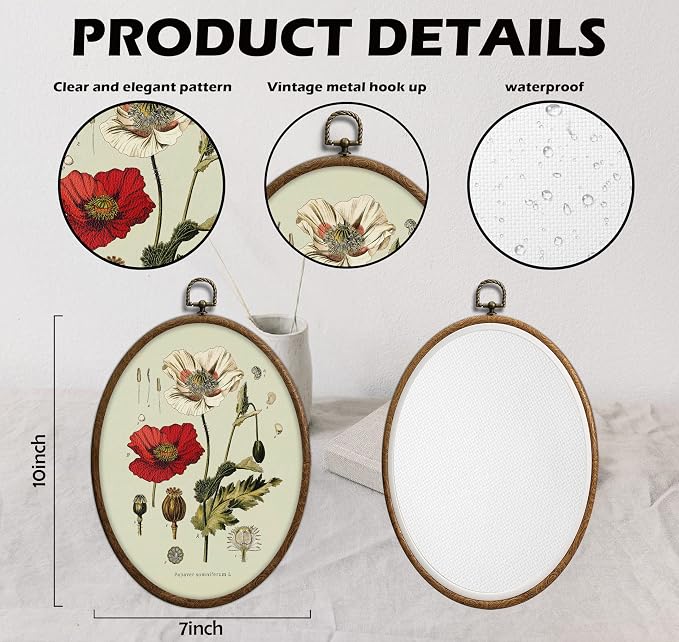 Vintage Boho Floral Oval Wall Art, Vintage Floral Botanical Oval Framed Wall Art, Waterproof Cottage Core Home Decor for Western Farmhouse Bedroom Living Room, Home Retro Decor Products, 07