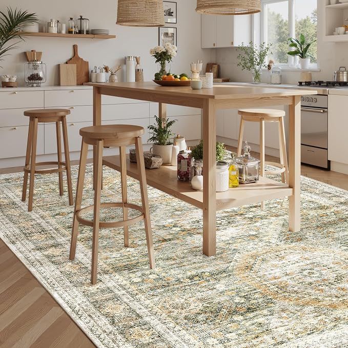 Soalmost Washable Area Rug 8x10 Large Soft Living Room Rugs Green/Orange | Vintage Non-Slip Carpet for Dining Bedroom, Stain Resistant Low Pile Foldable Lightweight Floor Mat Under Table Home Decor