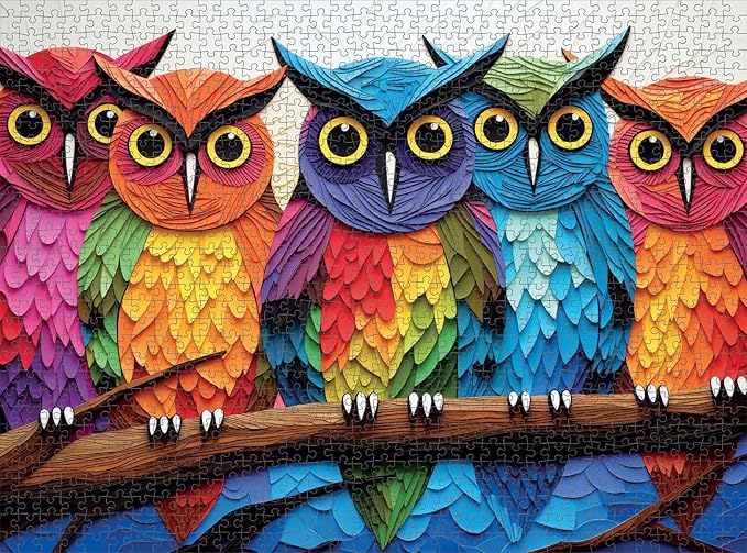 Cross & Glory - Kaleidoscopic Owls: Colorful Night's Watch - 1000 Piece Jigsaw Puzzle for Adults | Vibrant Colors | Satin Finish