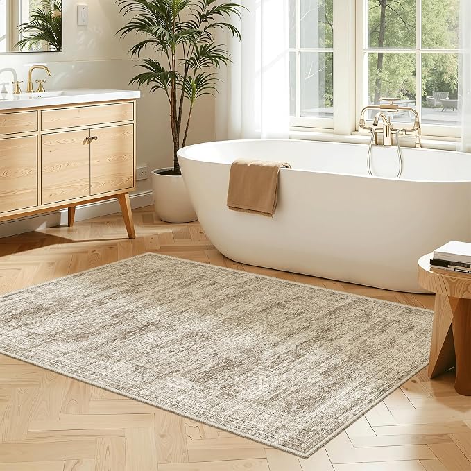 Soalmost 3x4 Rugs Non-Slip, Small Washable Kitchen Entryway Area Rug Brown | Vintage Low Pile Carpet for Nursery Coffee Table Bathroom, Foldable Stain Resistant Indoor Door Mat Entrance Powder Room
