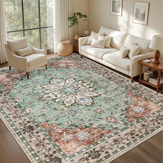 6x9 Area Rugs Living Room Rug: Washable Vintage Distressed Floral Rug No Slip Stain Resistant Soft Carpet Indoor Floor Large Carpets for Bedroom Dining Room Farmhouse Nursery Home Office Brown Green