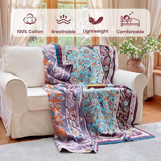 MSGKV Boho Throw Blanket 50"x60" Cotton Bird & Floral Throw for Bed & Couch | 100 Cotton Muslin, Bird & Floral Throw Blanket, Reversible Weave, Soft & Breathable, Nature Inspired Design, Machine Washable