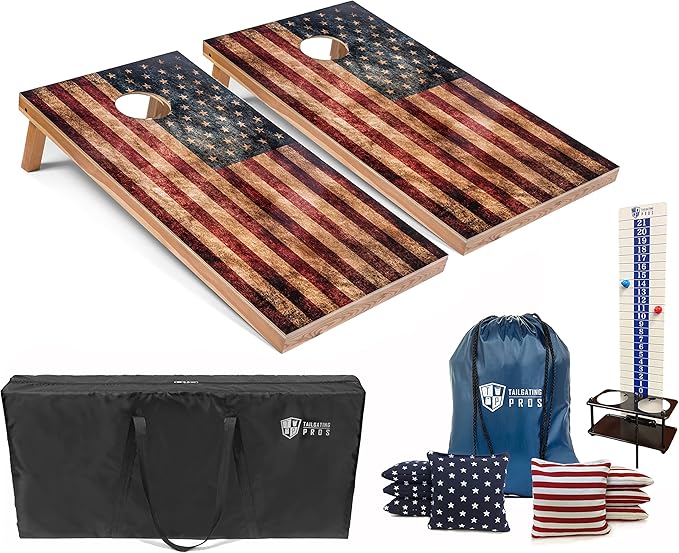 Tailgating Pros 4x2 Regulation Cornhole Boards Flag Set- Includes 8 Bean Bags, Carrying Cases, and Score Keeper - Optional LED Lights