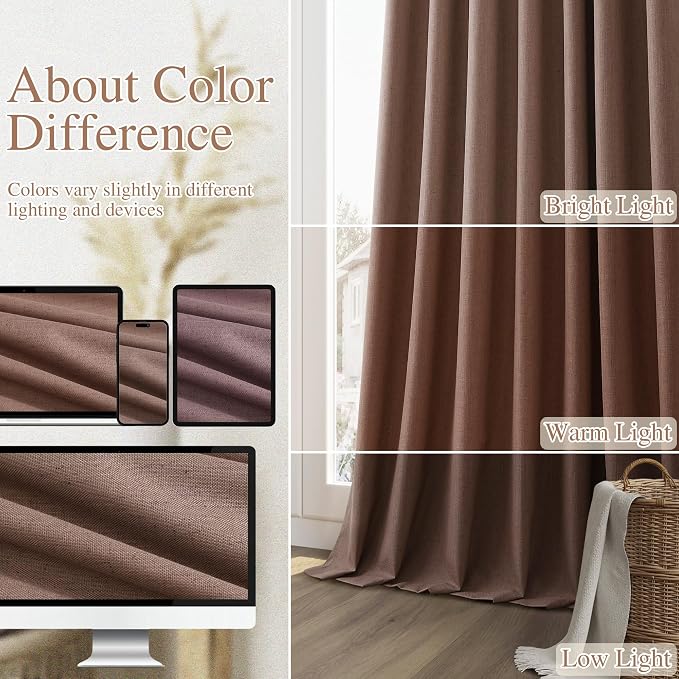Guken Cappuccino 100% Blackout Linen Curtains 108 Inch Length 2 Panels Set for Living Room Bedroom Back Tab/Rod Pocket Thermal Insulated Farmhouse Black Out Drapes Room Darkening,52x108