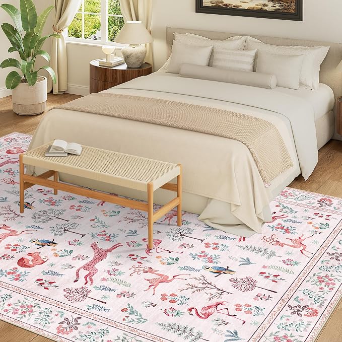 DUKINO 8x10 Area Rugs, Washable Soft Animal Bedroom Rug Non Slip, Pink | Non Slip, Low Pile, Stain Resistant Indoor Large Carpet for Living Room, Dining Room, Kids PlayRoom, Farmhouse, Pet Friendly