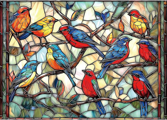 Stained Glass Birds 1000 Piece Puzzle for Adults - Challenging Vintage Window Art Jigsaw Puzzles, Family Game Night Activity, Finished Size 27.6 x 19.7 Inch