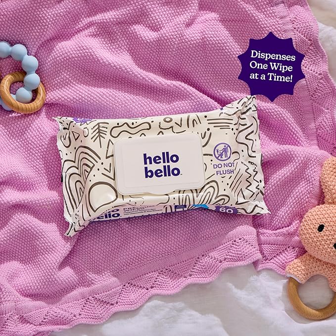 Hello Bello Premium Wipes, Designed for Sensitive Skin with Chamomile & Aloe Extracts, Playful Sketches (18 Resealable Packets = 1080 Total Wipes)