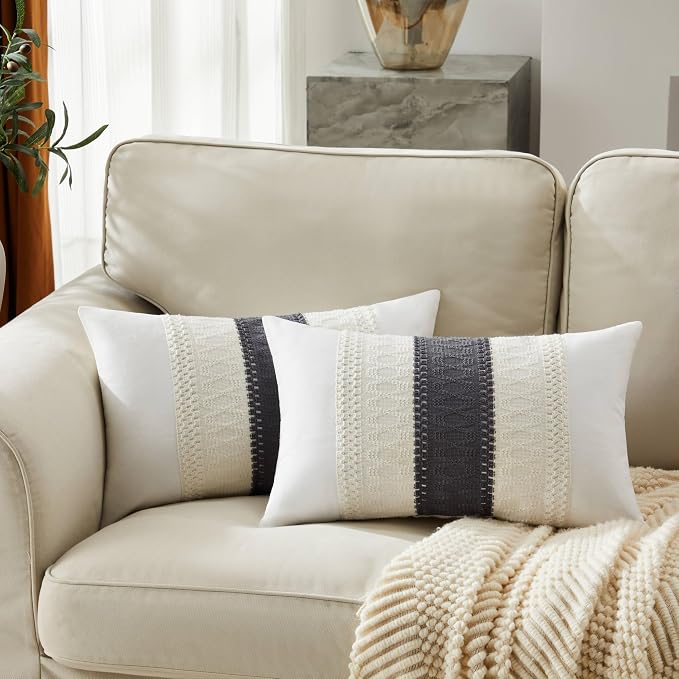 2pk Boho Pillow Covers 12x20, Natural White/Contrast/Charcoal | 100% Organic Cotton Body, Stripe Embroidery, Farmhouse Decorative Cushion Covers for Sofa Bed Living Room Home Decor