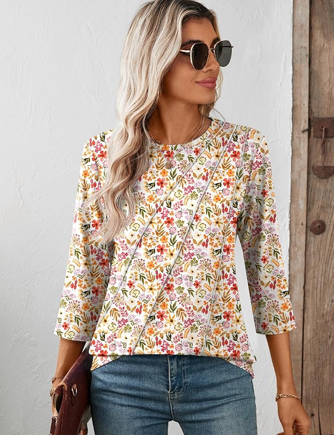 LOMON 3/4 Length Sleeve Womens Tops Spring Summer Fashion 2026 Tops Crew Neck Pleated Shirts Tunic Top Loose Fit