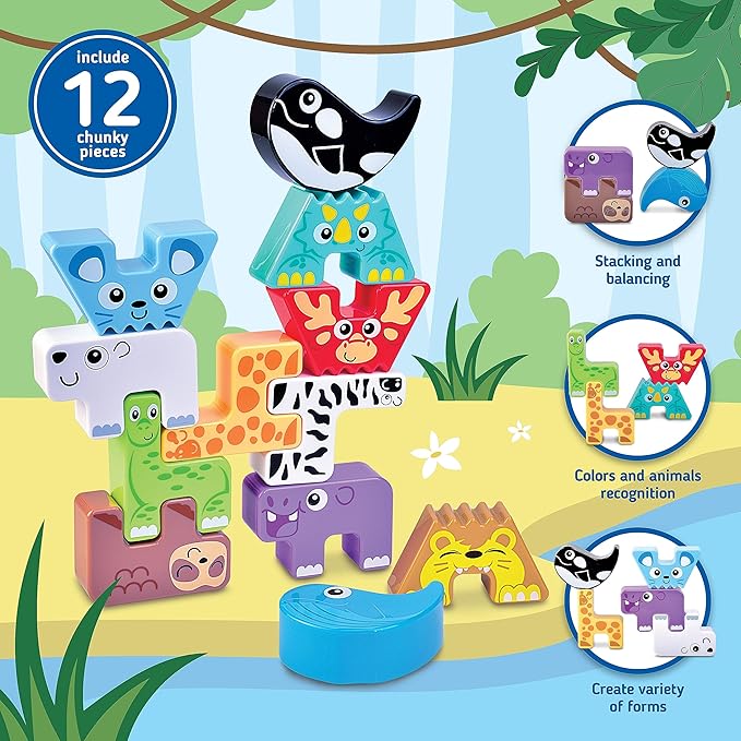 Montessori Puzzle N’ Stack Animals Toys, Kids Stacking Building Animal Blocks Toy for Toddler Preschool, Fun Educational Stacker Gifts for 12 18 24 36 Months, 1 2 3 4 Year Old