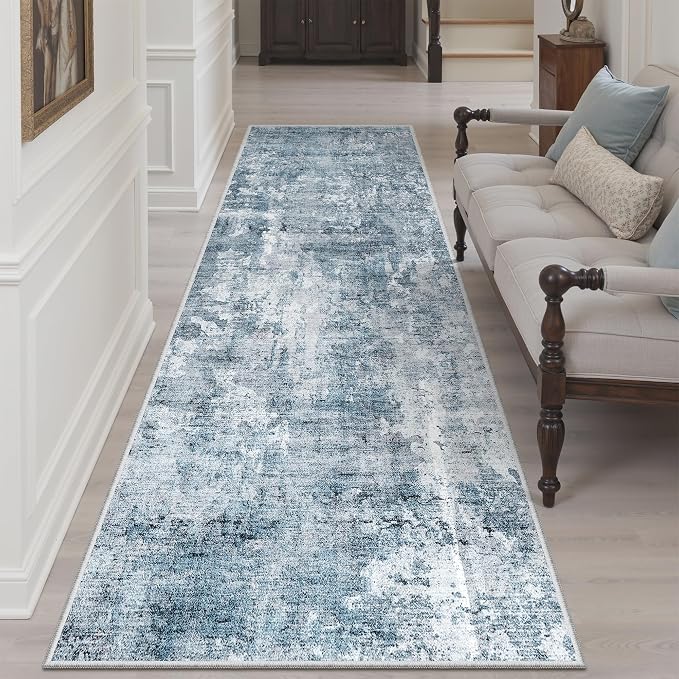 Soalmost Abstract Runner Rug 3x8 Hallway Kitchen Rugs Non-Slip, Blue/Grey | Vintage Washable Runners 8ft for Bathroom Laundry Room, Foldable Low-Pile Floor Carpet Mat for Entryway Corridor Bedroom