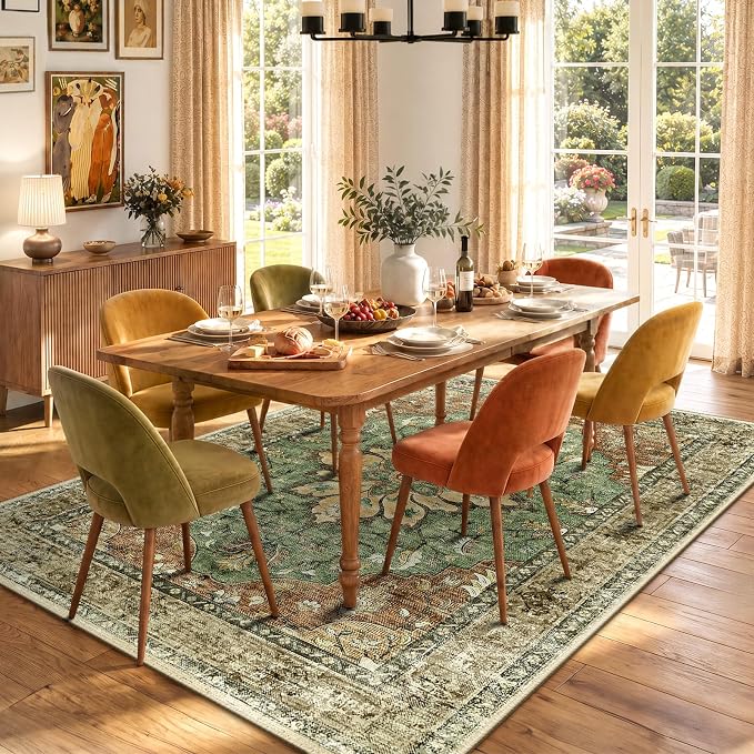 RELEANY Area Rugs 6'x9' Washable Non-Slip, Floral Vintage Distress Medallion Carpet for Living Room Bedroom Dining Room, Terracotta Burnt Orange Green