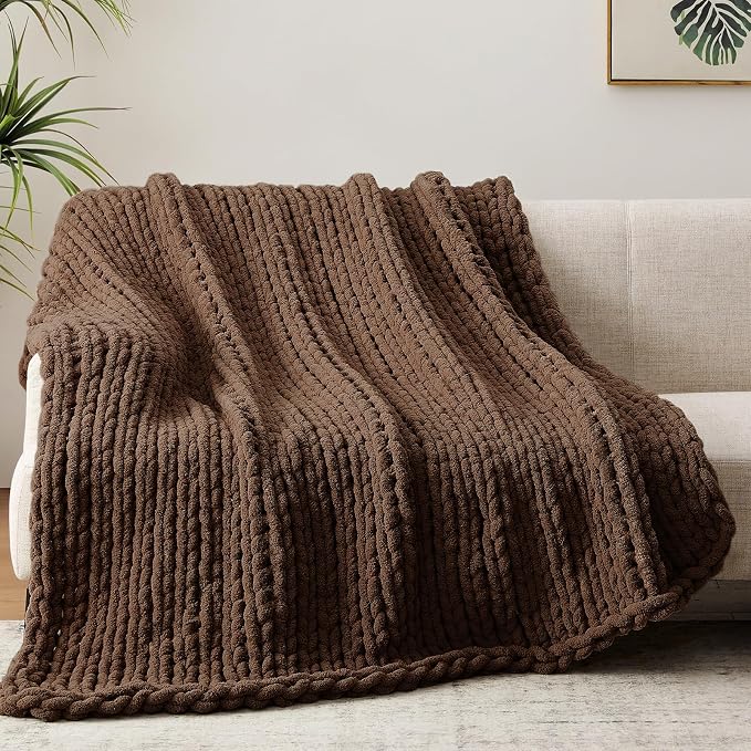 Negwoo Chunky Knit Throw Blanket, Knitted Throw Chenille Yarn, 30"*40" | Soft Thick Cable Knitted Blankets, Handmade Big Thick Blanket, Machine Washable Cute Comfy Blanket for Home Decor, Dark brown