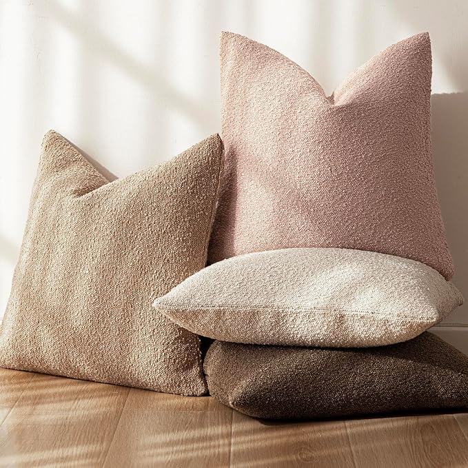 Foindtower Set of 2, Decorative Textured Boucle Throw Pillow Covers Accent Solid Pillow Cases Neutral Soft Cozy Couch Cushion Case for Chair Sofa Bedroom Living Room Home Decor 26 x 26 Inch Light Pink