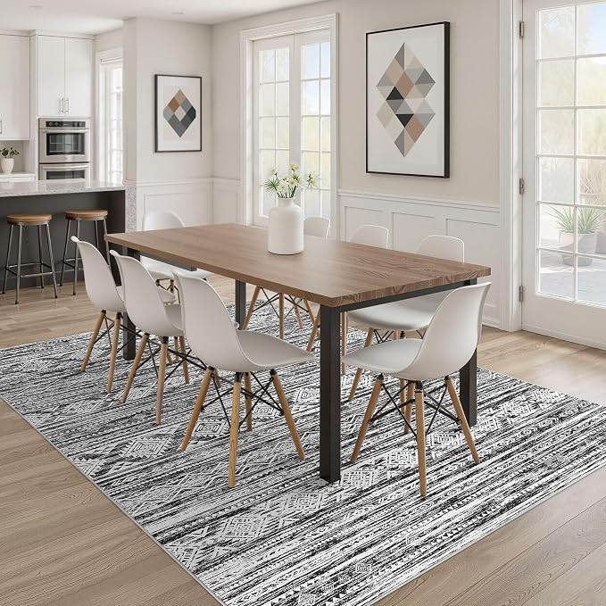 Nakagishi Boho 4x6 Area Rug Living Room Rugs Machine Washable Black White | Soft, Pet & Kid Friendly, Carpet for Living Room/Bedroom/Office/Kitchen/Nursery, Daily Home Decor Stain Resistant Moroccan