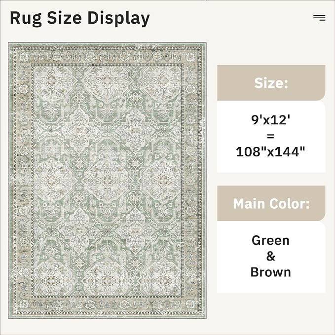 Soalmost 9x12 Area Rugs for Living Room Washable Rug Non-Slip Green/Brown | Large Vintage Stain Resistant Carpet for Dining Bedroom, Low Pile Lightweight Foldable Floor Mat Nursery Home Office Decor