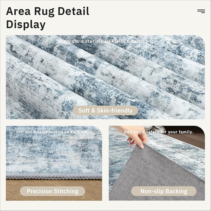 Soalmost 12x15 Washable Area Rugs Soft Living Room Rug Abstract Blue/Grey | Large Modern Carpet Non-Slip for Dining Bedroom, Low Pile Thin Stain Resistant Foldable Indoor Floor Mat Home Office Decor
