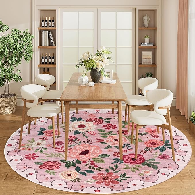 DUKINO 6ft Round Rug, Soft Washable Circle Rug for Bedroom Non Slip, Pink | Low Pile, Stain Resistant Indoor Rug for Living Room, Dining Room, Kids Room, Office, Pet Friendly, Home Decor, Non-Shedding