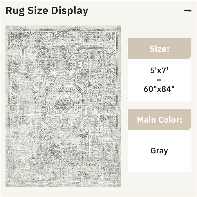 Soalmost 5x7 Area Rugs Light Gray Washable Trendy Faded Style Floral Rugs | Vintage Non-Slip Indoor Accent for Bedroom Dining, Foldable Stain Resistant Floor Carpet Mat Under Table Home Office Decor