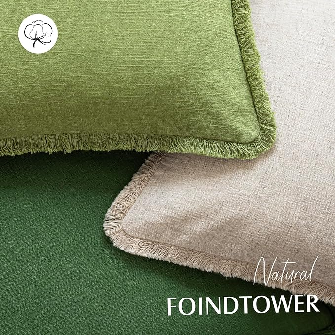 Foindtower Set of 2 Decorative Linen Fringe Throw Pillow Covers Cozy Boho Farmhouse Cushion Cover with Tassels Soft Accent Pillowcase for Couch Sofa Bed Living Room Home Decor,26×26 Inch,Lush Green