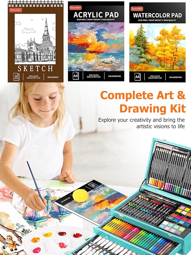 Soucolor Art Supplies, 192-Pack Deluxe Art Set Drawing Painting Supplies Art Kit with Acrylic Pad, Watercolor Pad, Sketch Book, Canvases, Acrylic Paint, Crayons, Pencils, Gifts for Artists Adults Kids
