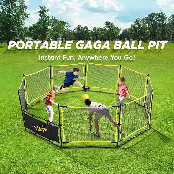 3-in-1 Portable Gaga Ball Pit with Hoop & Goals, 10ft Outdoor Game for Camp, School & Family Fun(10FT-Yellow&Black)