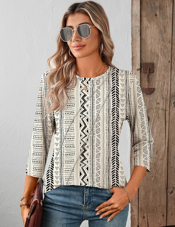 LOMON 3/4 Length Sleeve Womens Tops Spring Summer Fashion 2026 Tops Crew Neck Pleated Shirts Tunic Top Loose Fit