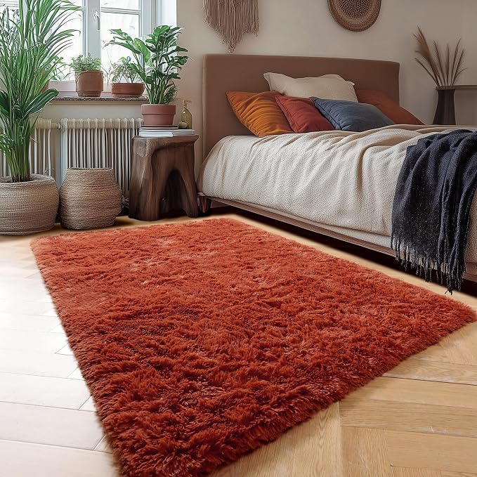 Amdrebio Terracotta Rust Area Rugs for Bedroom Living Room, 5x7 Fluffy Fuzzy Shaggy Furry Rug for Kids Room Decor Aesthetic, Modern Cute Plush Shag Rustic Carpet for Nursery Dorm Classroom Playroom | Shag Fuzzy Fluffy Kids Carpet, Classroom Nursery Pla...