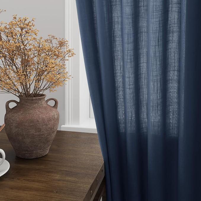 Nanspring Denim Blue Linen Curtains 90 Inch Long 2 Panels Set for Bedroom Living Room Denim Blue Linen Textured Window Drapes Semi Sheer Light Filtering Rod Pocket Back Tab Farmhouse Curtain 52x90