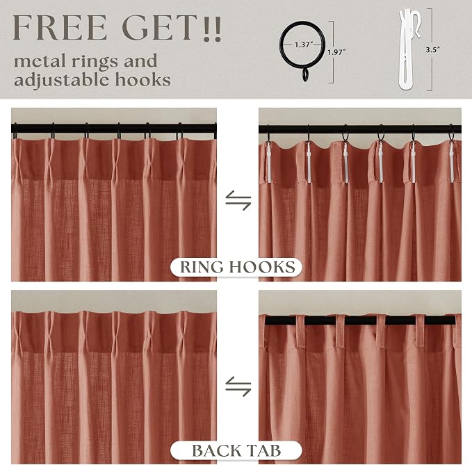 Terracotta 90 Inch Linen Curtains Pinch Pleated 2 Panels Set Firebrick | for Living Dining Room Bedroom, Light Filtering Semi Sheer, Pinch Pleat with Hooks Rings Back Tab, Red Clay Autumn Fall Decor