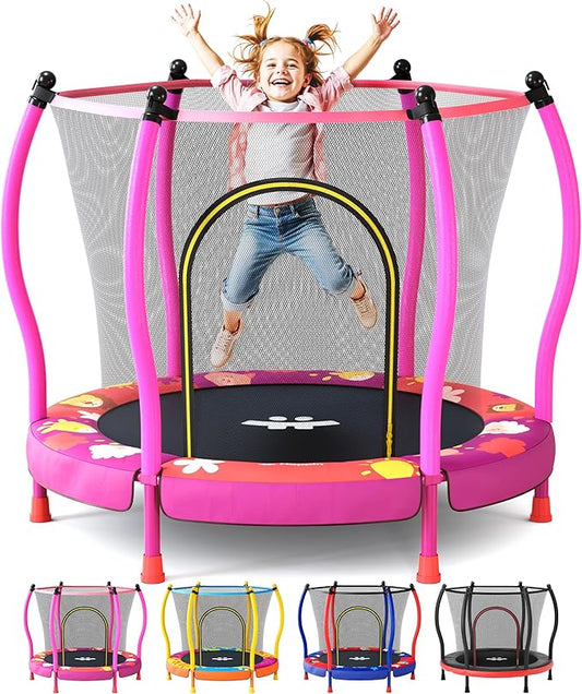 Happin® 55â€ Toddler Trampoline Indoor & Outdoor Playset, 5FT Kids Trampoline, Ultra Safe Mini Trampoline for Kids with Safety Enclosure Net, Gifts for Birthday with Basketball Hoop