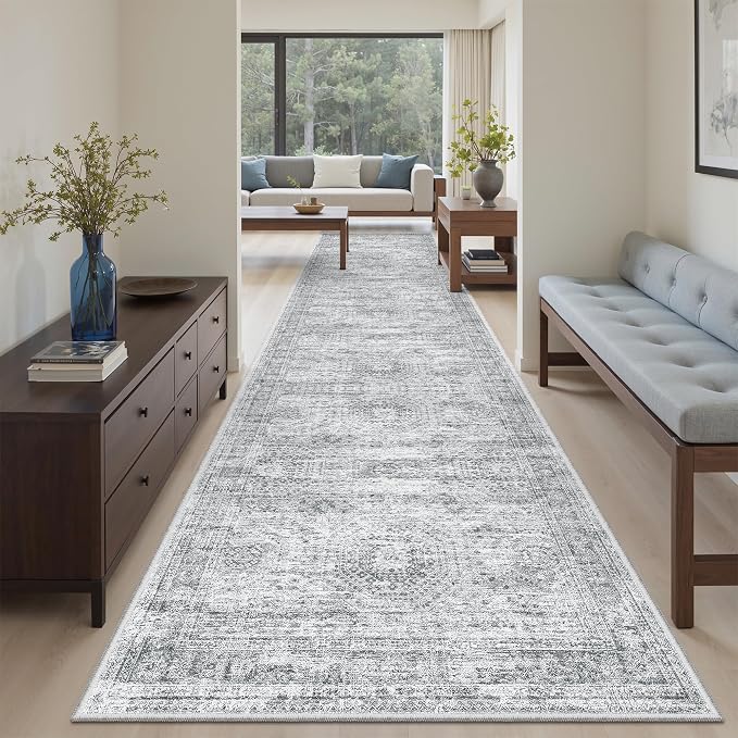 Soalmost Washable Hallway Runner Rug 3x12 Kitchen Entry Rugs Non-Slip, Grey | Vintage Long Runners 12ft for Bathroom Entryway, Foldable Low-Pile Wide Floor Carpet Mat for Corridor Laundry Room Bedroom