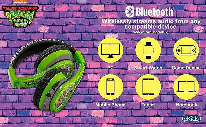 eKids Bluetooth Headphones for Kids, Wireless Headphones with Microphone, Includes Aux Cord (Ninja Turtles)