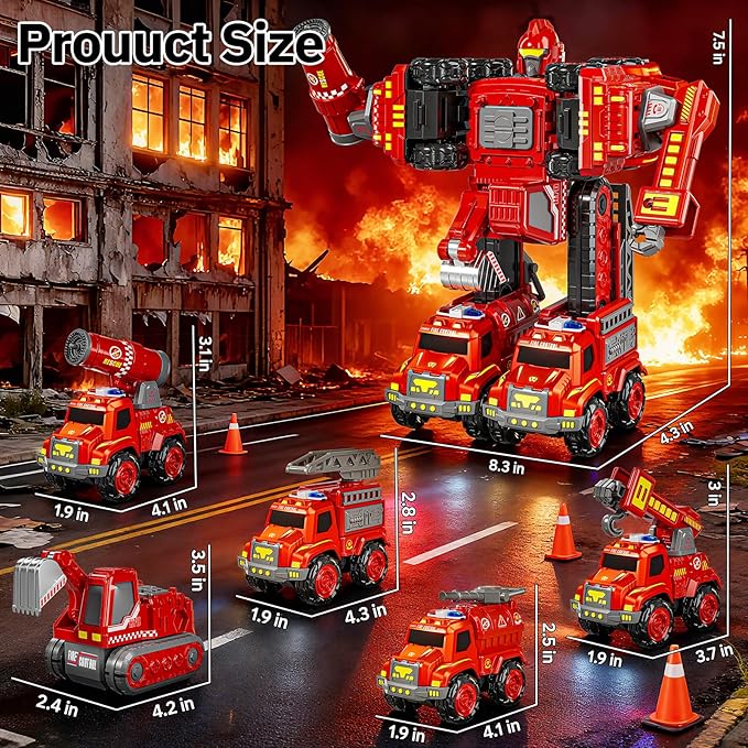 Transform Toys for Boys 4-6, 5 in 1 Take Apart Toys for Boys 3-5, Fire Firetruck Transforming Assembling Robot Toy for Kids, Educational Birthday Gift for 4 5 6 7 8 Year Old Boy Girls