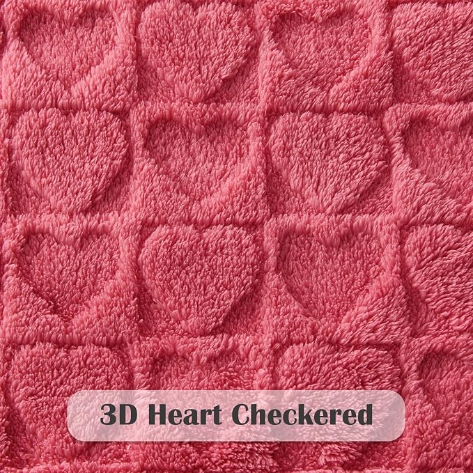 NEWCOSPLAY 3D Heart Checkered Flannel Queen Blanket, Coral Pink, 90"x90" | Super Soft Cute Lightweight Decorative Premium Silky Fleece Blanket for Couch Sofa Bed, Gift for Women Men, All Season Use