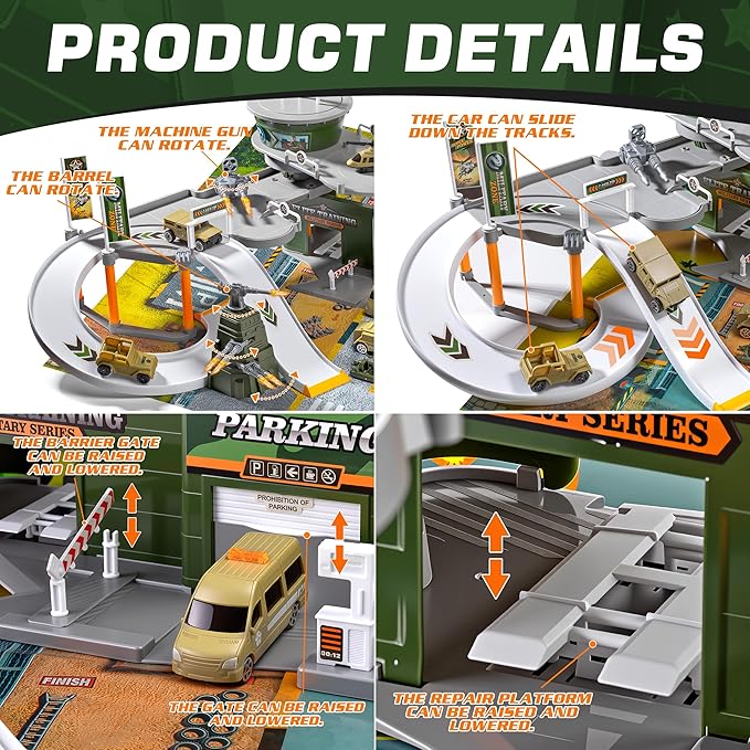 Military Base Toy Race Track Set with Airplane, Tanks, Cars, Helicopters, Fighter Jets, Army Men Action Figures and Play Mat, Army Vehicle Toys for Kids, Ideal Gift for Boys Girls