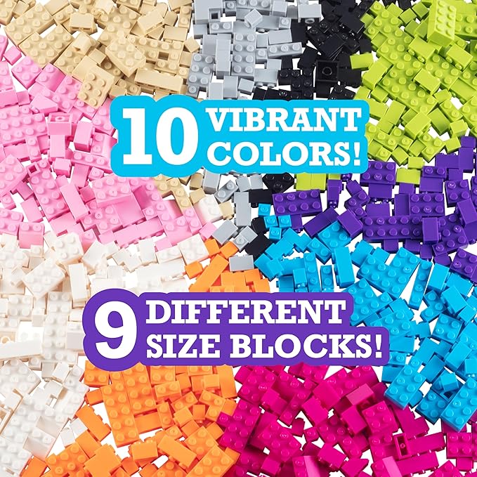 SCS Direct Building Block Friends Pastel Bricks- 1000 Pcs Bulk Set-10 Colors with 27 Roof Pieces - Compatible with& Tight Fit with All Major Brands- Great for Activity Table & School Project Kids Gift