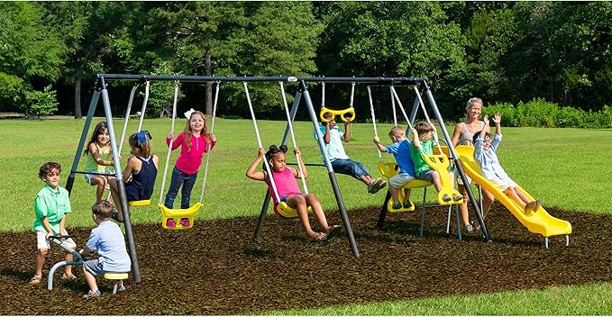 XDP Recreation Rising Sun Playground Metal A Frame Kids Swing Set with Outdoor Backyard Playset with Slide, See Saw, Glider, and Swings, Yellow