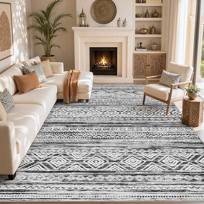 cotiled 12x15 Area Rugs Living Room Rug: Washable Boho Rugs with Non Slip Backing Large Soft Indoor Stain Resistant Carpet for Bedroom Farmhouse Dining Room Lightweight Home Decor White/Black