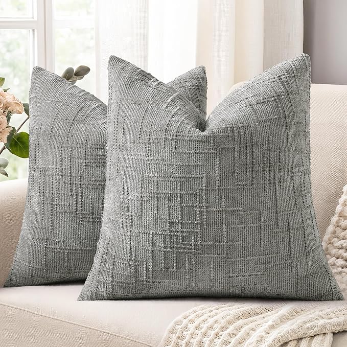 decorUhome Textured Chenille Throw Pillow Covers 24x24 Set of 2 Grey | Fall Modern Farmhouse Soft Cozy Slubby Couch Pillow Cases Boho Decorative Pillow Cases for Bed Sofa Living Room Home Decor