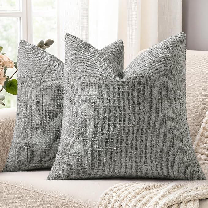 decorUhome Textured Chenille Throw Pillow Covers 18x18 Set of 2 Grey | Fall Modern Farmhouse Soft Cozy Slubby Couch Pillow Cases Boho Decorative Pillow Cases for Bed Sofa Living Room Home Decor