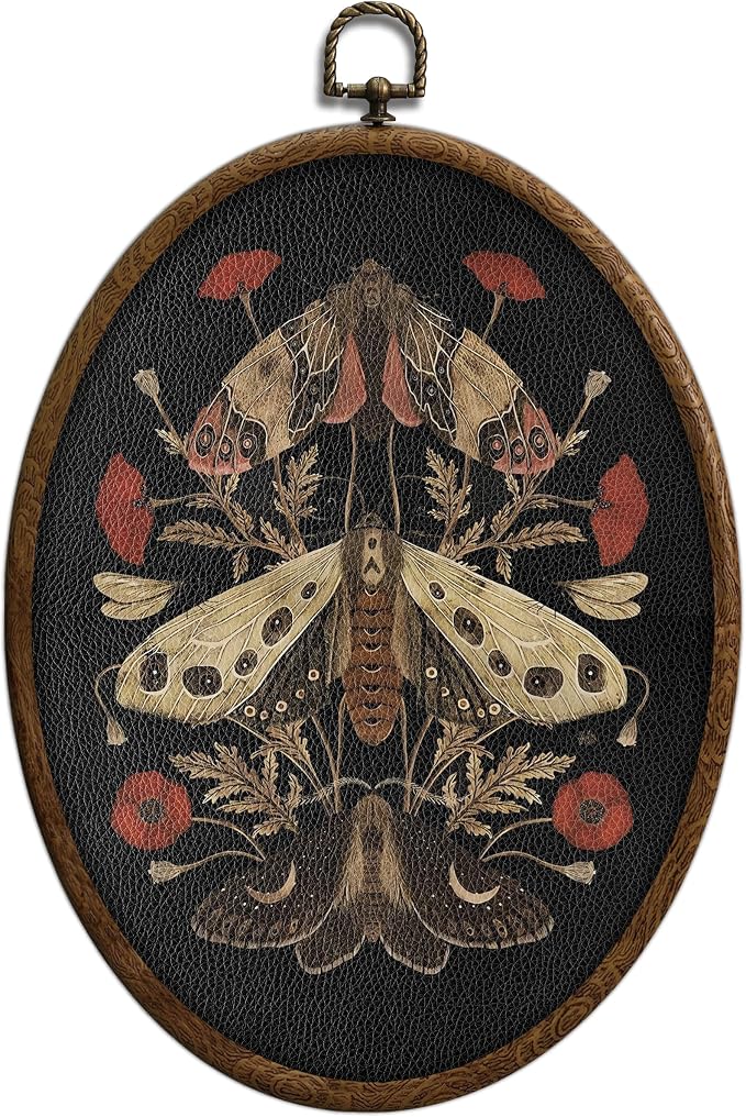Moths and Poppy Flower Wall Decor, Boho Printed Canvas Oval Wall Hanging for Bedroom Kitchen Home Office, Oval Door Decoration, Bedroom Decor, Living Room Art, Hanging Decoration Art with Hooks,1