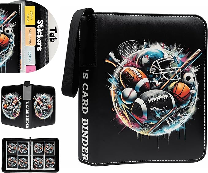 Trading Card Binder 4 Pocket, 440 Pockets 3 Ring Binder, Includes Name Tag, Tab Stickers, Cards Binder Album Book Holder Case for Baseball Football Sports Tcg Binder (Black Sport)