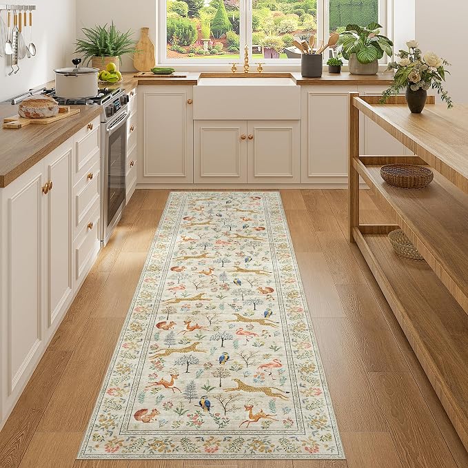 DUKINO 2x7 Runner Rug for Hallway, Washable Kitchen Rugs Non Slip, Beige | Low Pile, Stain Resistant, Animal Indoor Carpet Runner for Hallway, Entryway, Bedroom, Bathroom, Lightweight, Pet Friendly