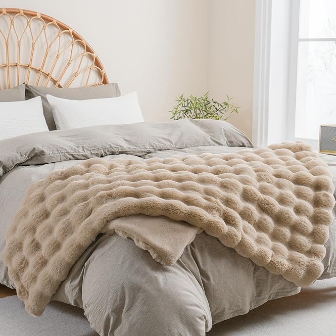 BENVWE Faux Fur Throw Blanket for Couch - Thickened Fluffy Soft Bubble Blanket for Living Room Home Decor - Fathers Day Birthday Gifts for Women Men, Beige, 50" x 60", 1300GSM