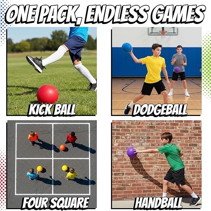 Playbolt 7-inch Dodgeballs For Kids & Adults (6 Pack) - Rubber Kickball Playground Four Square Balls With Pump - Colorful Indoor Or Outdoor Play Sports Balls For School PE Class, Recess, Backyard Game