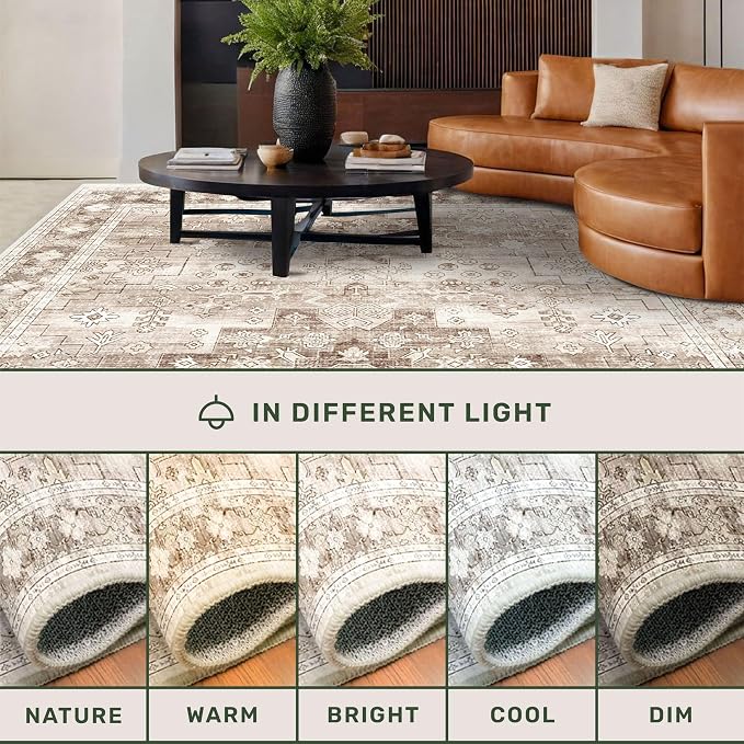 Washable Farmhouse Living Room Rug, 8x10 Area Rugs for Bedroom, Dining Room Under Table Carpet, Kids Room, Large Boho Vintage Non-Slip Floral Rugs Low Pile Stain Resistant (8x10 Beige/Latte)