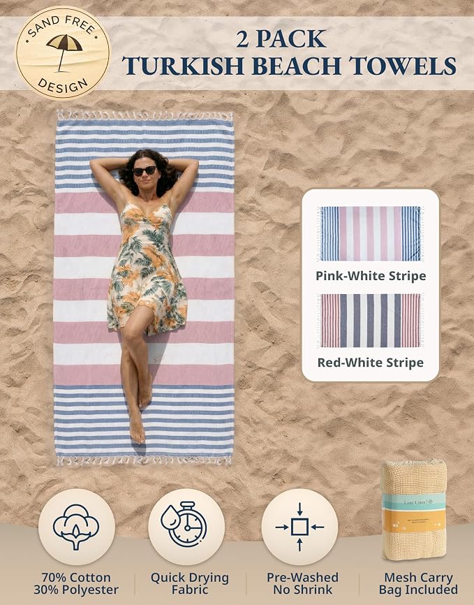 LANE LINEN Extra Large Beach Towel, 2 Pack Beach Towels Oversized, Pre-Washed, Quick Dry Pool Towels, Stylish Light Beach Towel for Women, Absorbent Sand Free Towel, 39"x71" - Old Glory Pink