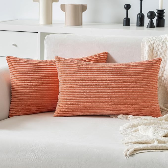 MIULEE Lumbar Corduroy Throw Pillow Covers Set of 2 12x20 Coral Red | Decorative Soft Striped Textured Cushion Cases, Lovely Cute Pillowcases for Home Decor, for Couch Chair Sofa Bed Living Room