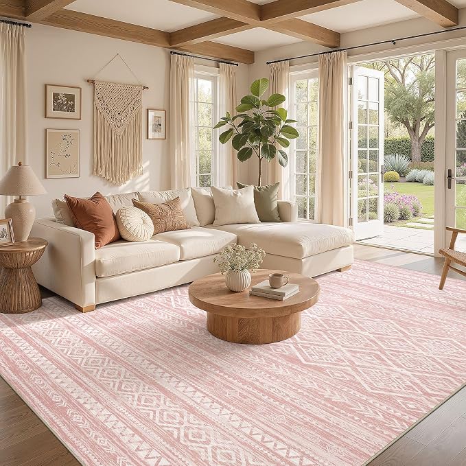 Nakagishi Area Rug Living Room Rugs: 6x9 Large Soft Machine Washable Boho Moroccan FarmNeutral Stain Resistant Indoor Floor Carpet for Bedroom Under Dining Table Home Office Decor-Pink